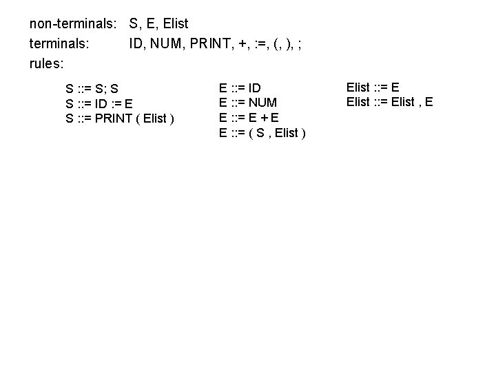 non-terminals: S, E, Elist terminals: ID, NUM, PRINT, +, : =, (, ), ;