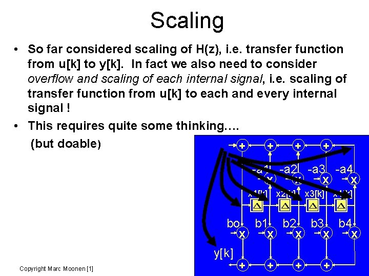 Scaling • So far considered scaling of H(z), i. e. transfer function from u[k]