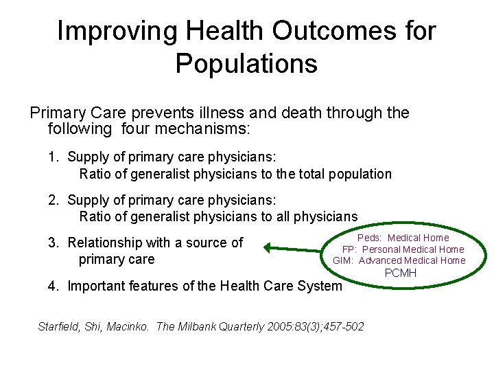 Improving Health Outcomes for Populations Primary Care prevents illness and death through the following