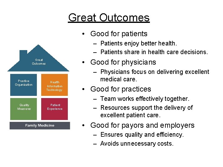 Great Outcomes • Good for patients – Patients enjoy better health. – Patients share