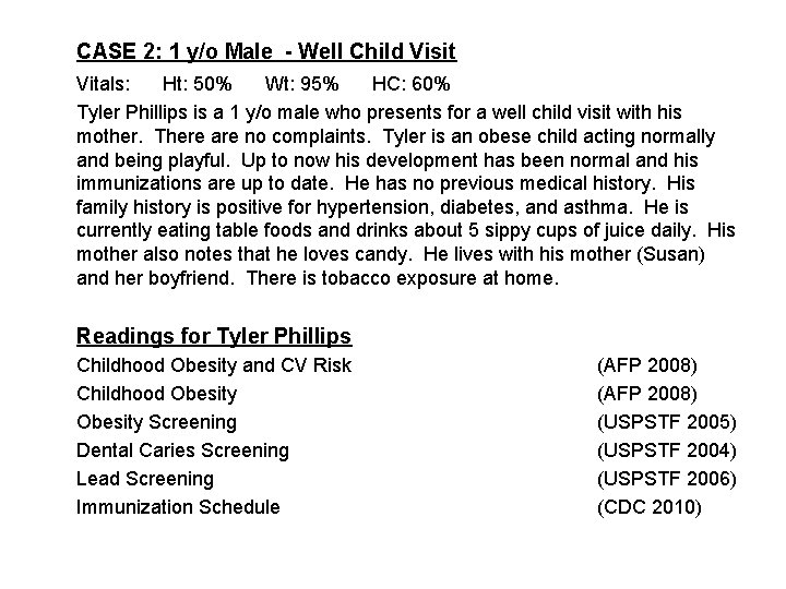 CASE 2: 1 y/o Male - Well Child Visit Vitals: Ht: 50% Wt: 95%