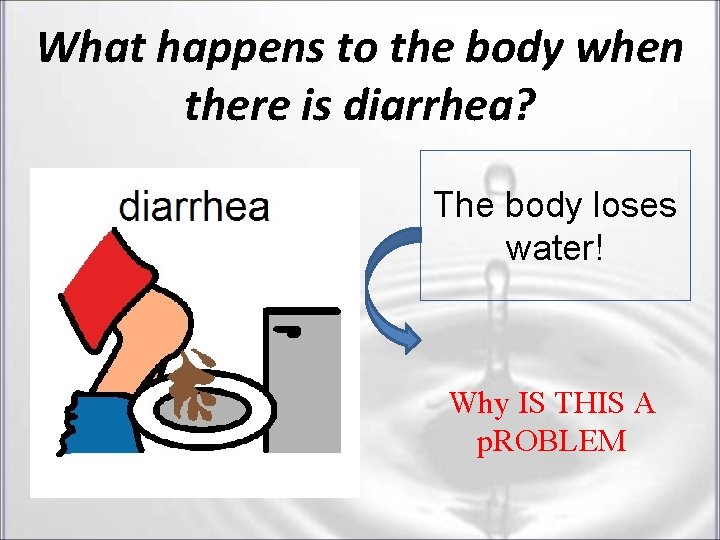 What happens to the body when there is diarrhea? The body loses water! Why What happens to the body when there is diarrhea? The body loses water! Why