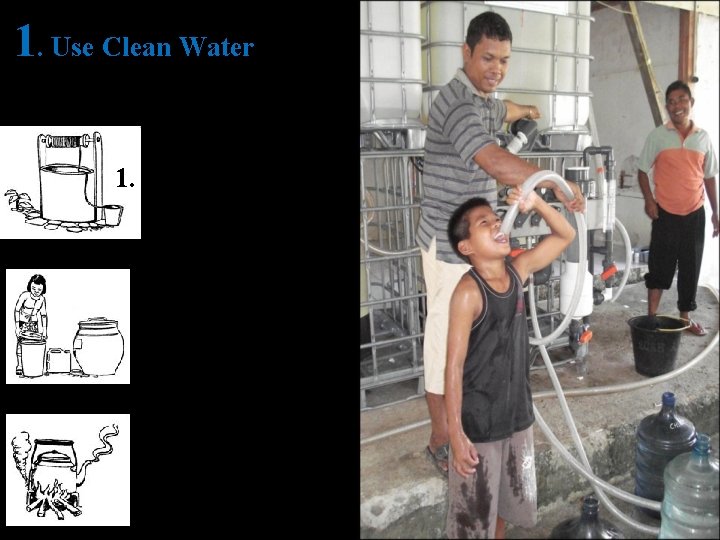 1. Use Clean Water 1. Use Safe Water 2. Cover Water Containers 3. Boil 1. Use Clean Water 1. Use Safe Water 2. Cover Water Containers 3. Boil