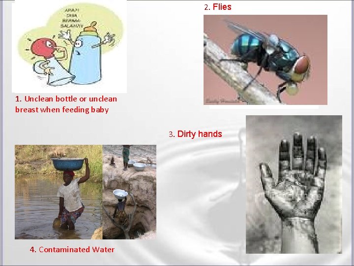 2. Flies 1. Unclean bottle or unclean breast when feeding baby 3. Dirty hands 2. Flies 1. Unclean bottle or unclean breast when feeding baby 3. Dirty hands
