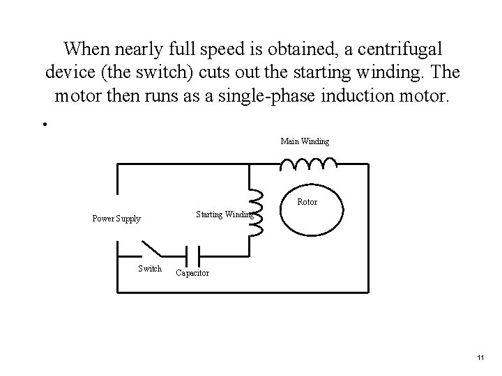 When nearly full speed is obtained, a centrifugal device (the switch) cuts out the