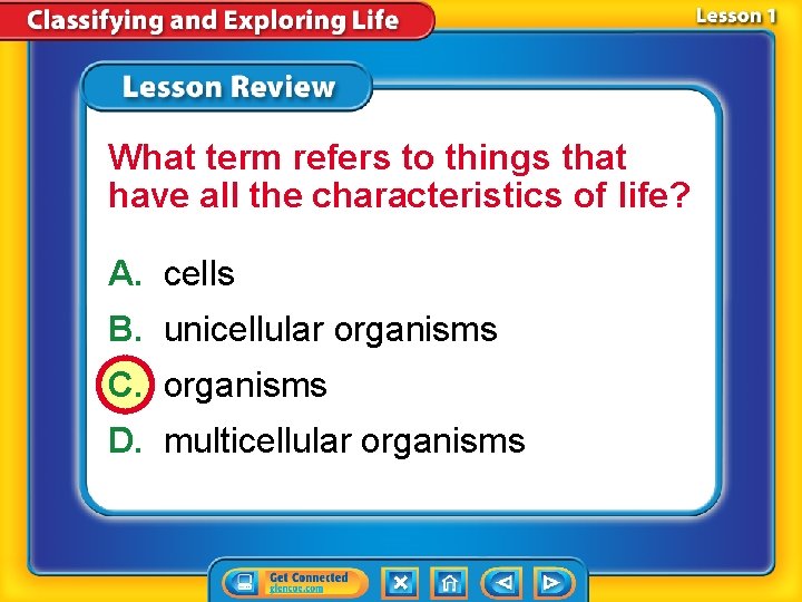 What term refers to things that have all the characteristics of life? A. cells