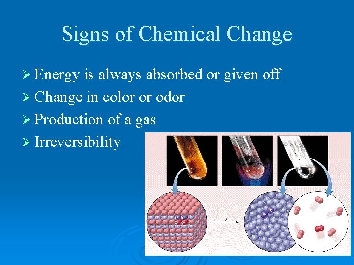 Signs of Chemical Change Ø Energy is always absorbed or given off Ø Change