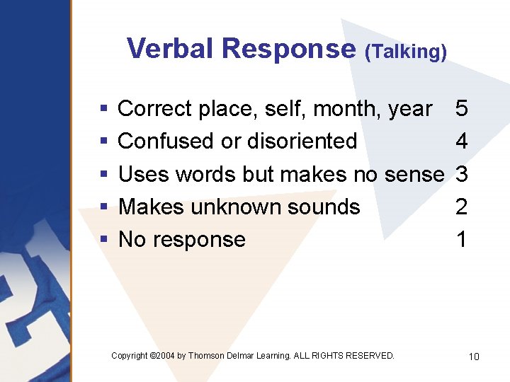 Verbal Response (Talking) § § § Correct place, self, month, year Confused or disoriented