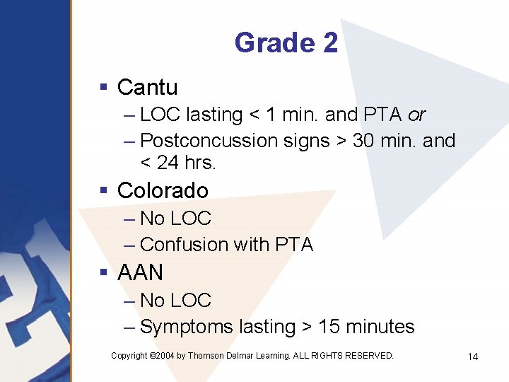 Grade 2 § Cantu – LOC lasting < 1 min. and PTA or –