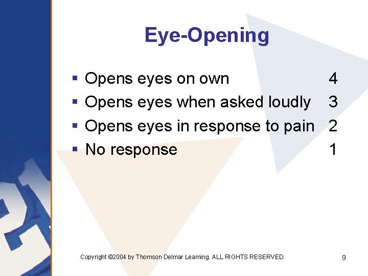 Eye-Opening § § Opens eyes on own Opens eyes when asked loudly Opens eyes