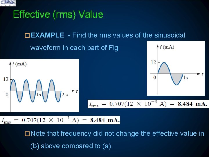 Effective (rms) Value �EXAMPLE - Find the rms values of the sinusoidal waveform in