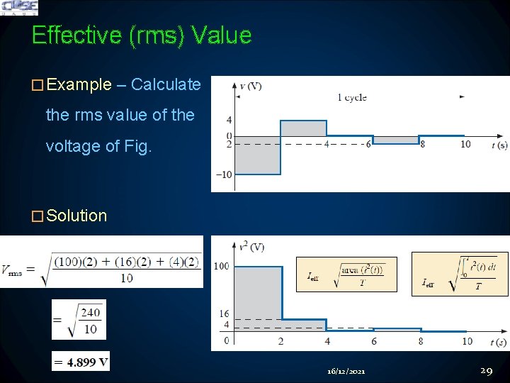 Effective (rms) Value � Example – Calculate the rms value of the voltage of