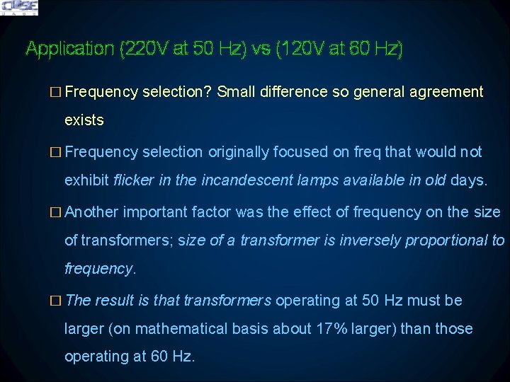 Application (220 V at 50 Hz) vs (120 V at 60 Hz) � Frequency