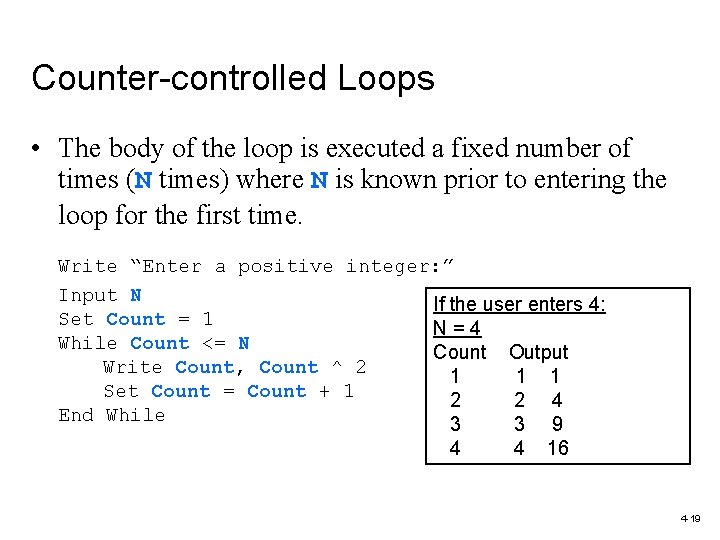 Counter-controlled Loops • The body of the loop is executed a fixed number of