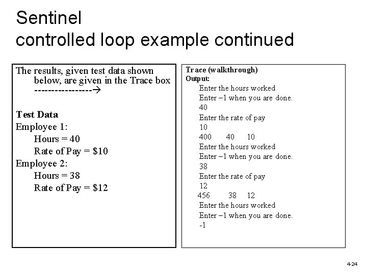 Sentinel controlled loop example continued The results, given test data shown below, are given