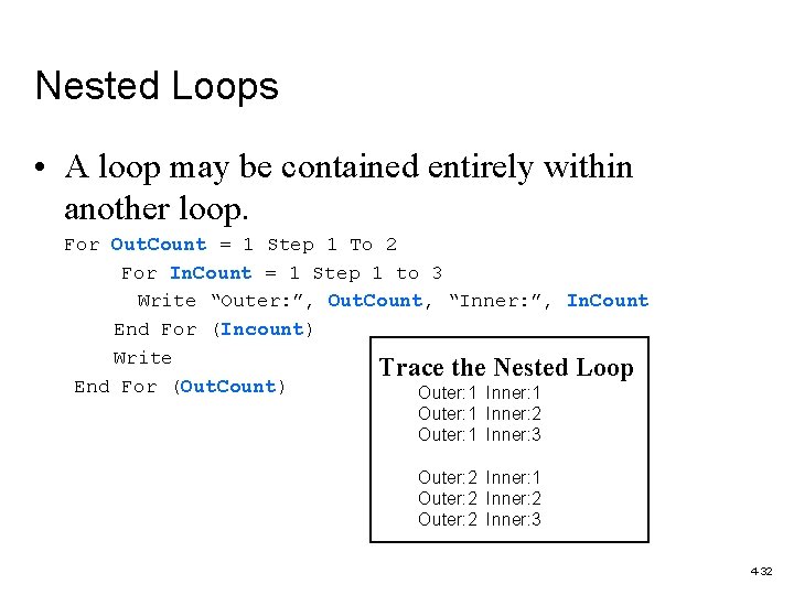 Nested Loops • A loop may be contained entirely within another loop. For Out.