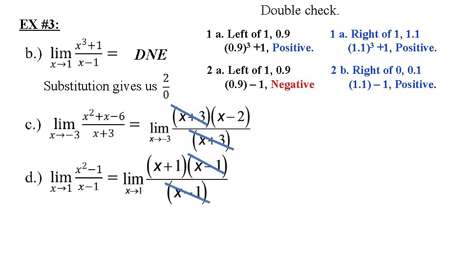 Double check. EX #3: DNE Substitution gives us 1 a. Left of 1, 0.