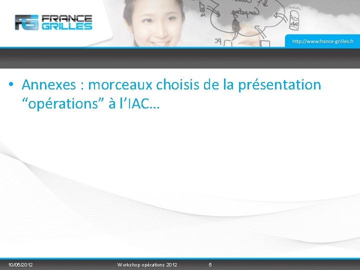  • Annexes : morceaux choisis de la présentation “opérations” à l’IAC… 10/05/2012 Workshop