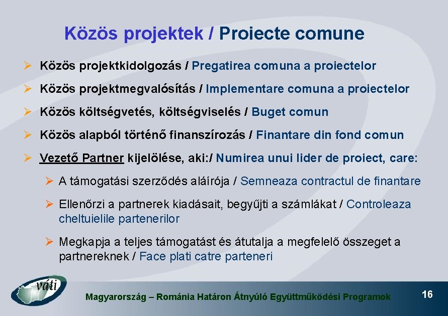 Közös projektek / Proiecte comune Ø Közös projektkidolgozás / Pregatirea comuna a proiectelor Ø