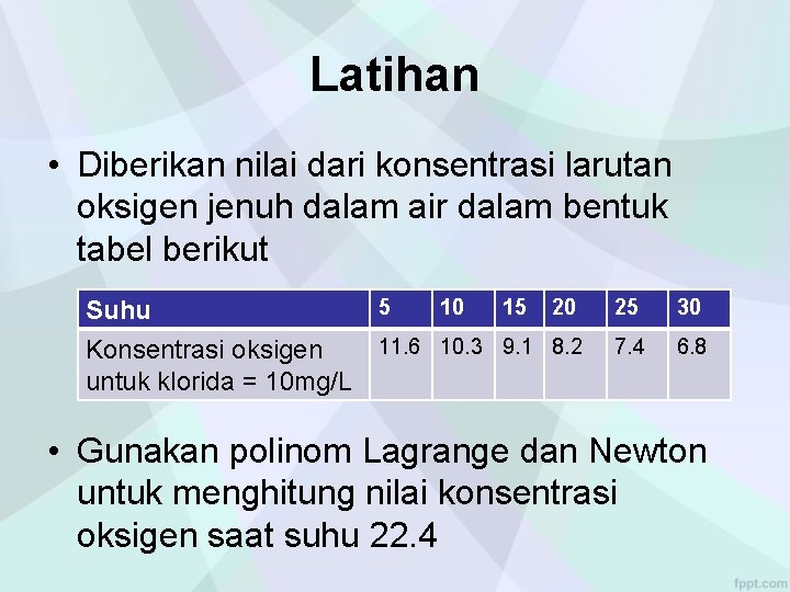 Latihan • Diberikan nilai dari konsentrasi larutan oksigen jenuh dalam air dalam bentuk tabel