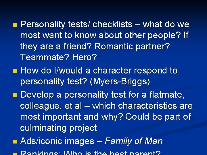 Personality tests/ checklists – what do we most want to know about other people?