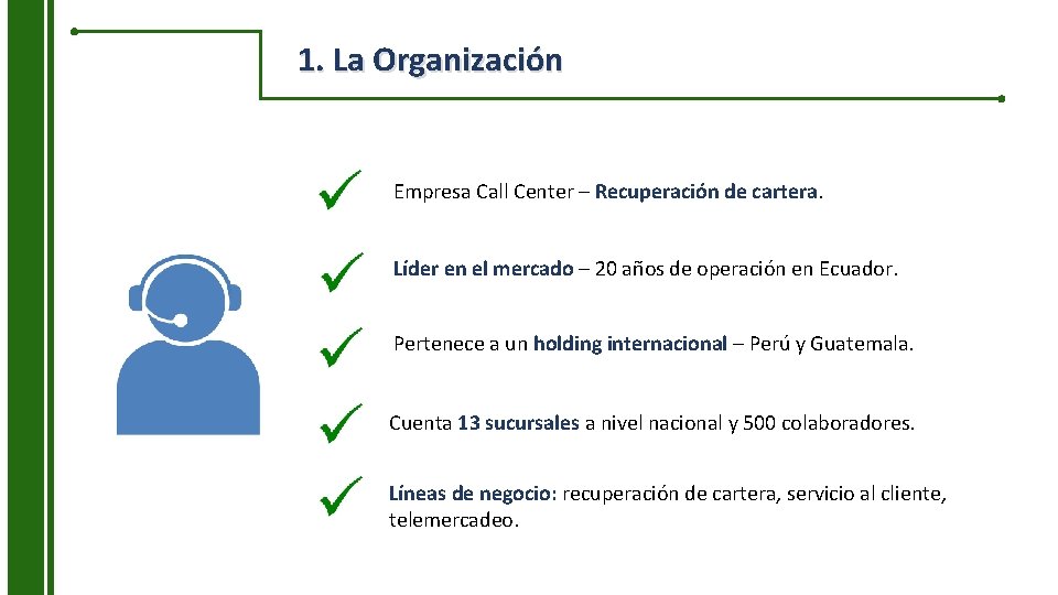 1. La Organización Empresa Call Center – Recuperación de cartera. Líder en el mercado