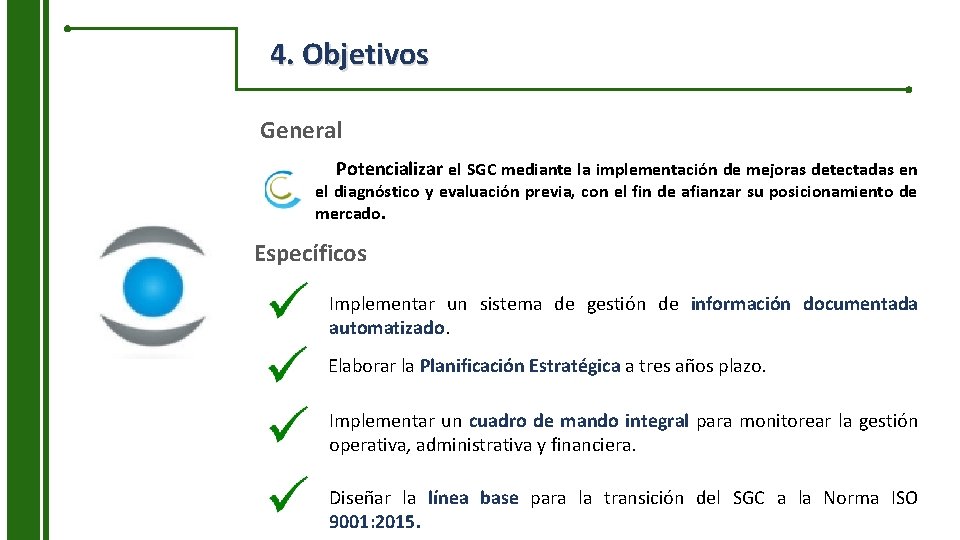 4. Objetivos General Potencializar el SGC mediante la implementación de mejoras detectadas en el