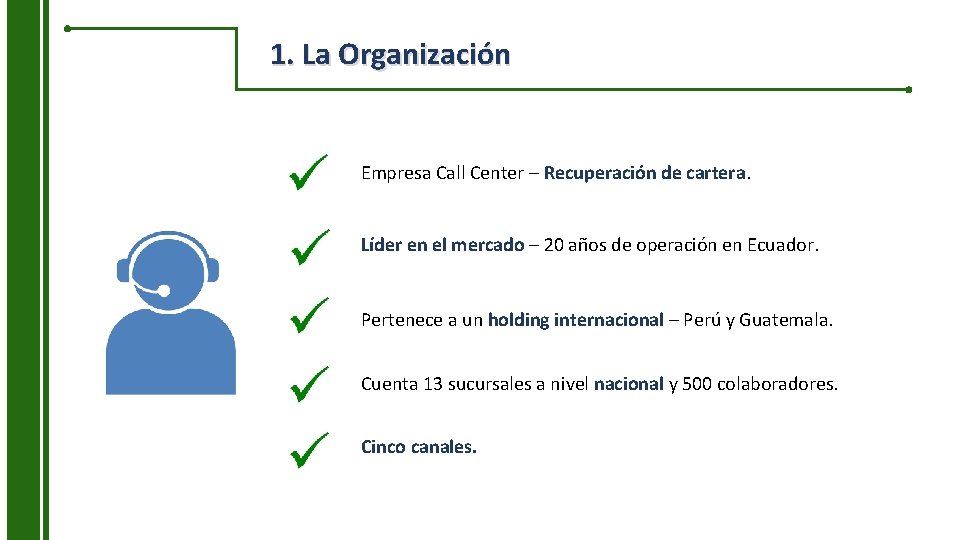 1. La Organización Empresa Call Center – Recuperación de cartera. Líder en el mercado