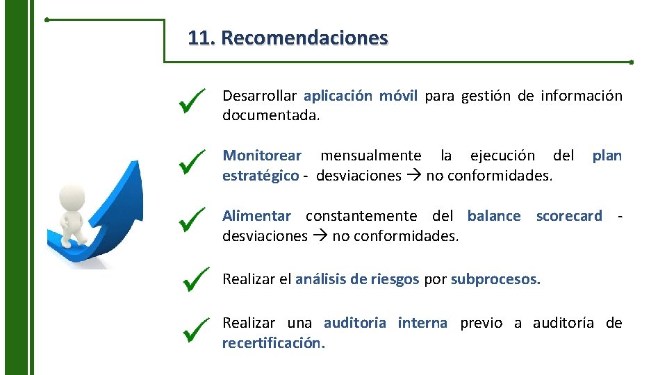11. Recomendaciones Desarrollar aplicación móvil para gestión de información documentada. Monitorear mensualmente la ejecución