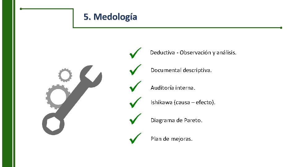 5. Medología Deductiva - Observación y análisis. Documental descriptiva. Auditoría interna. Ishikawa (causa –