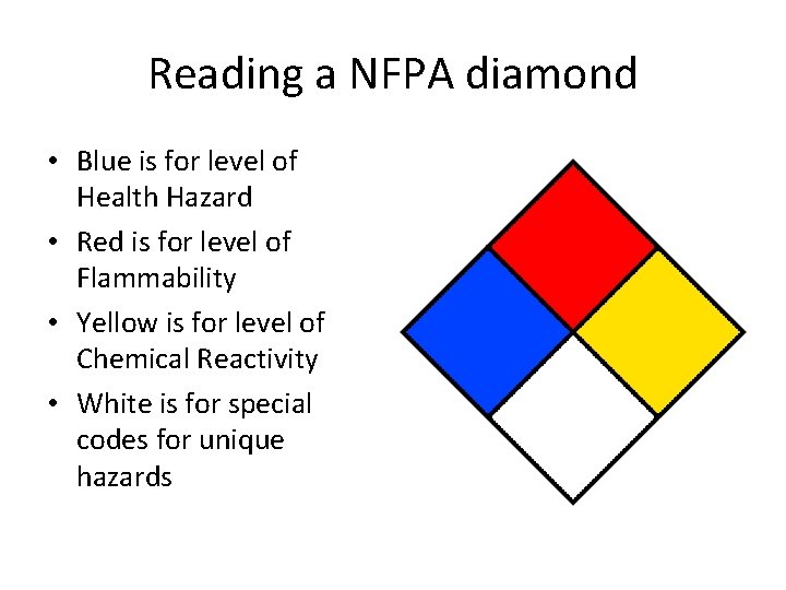 Reading a NFPA diamond • Blue is for level of Health Hazard • Red