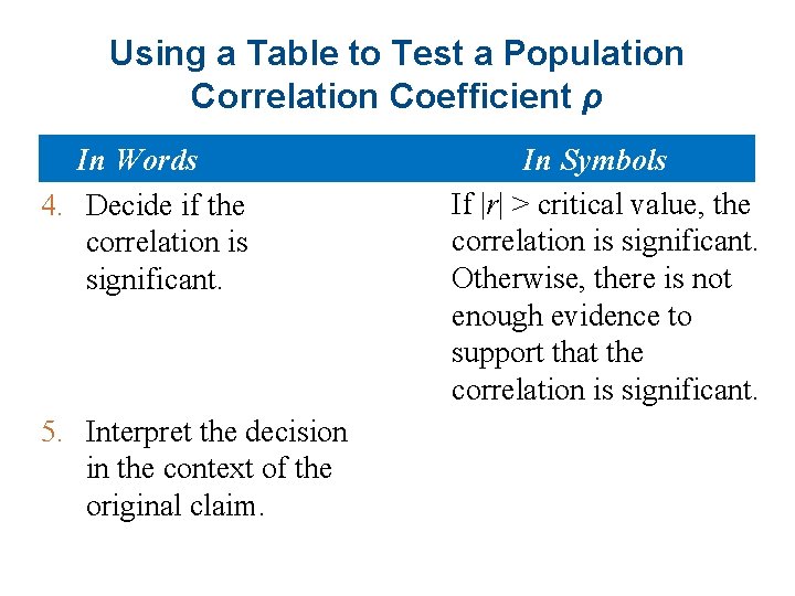 Using a Table to Test a Population Correlation Coefficient ρ In Words 4. Decide