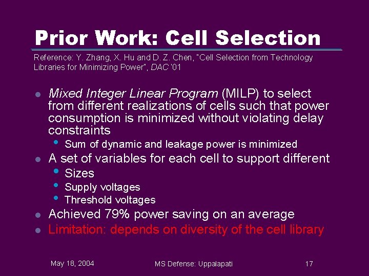 Prior Work: Cell Selection Reference: Y. Zhang, X. Hu and D. Z. Chen, “Cell