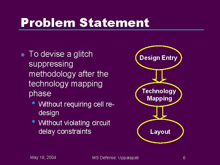 Problem Statement l To devise a glitch suppressing methodology after the technology mapping phase
