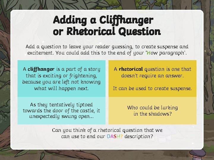 Adding a Cliffhanger or Rhetorical Question Add a question to leave your reader guessing,
