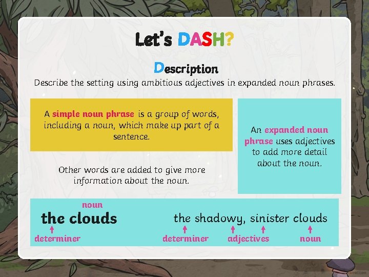 Let’s DASH? Description Describe the setting using ambitious adjectives in expanded noun phrases. A