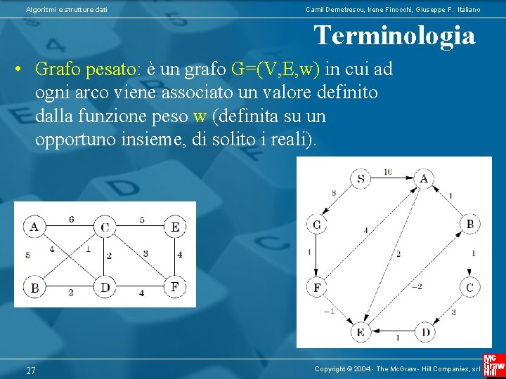 Algoritmi e strutture dati Camil Demetrescu, Irene Finocchi, Giuseppe F. Italiano Terminologia • Grafo