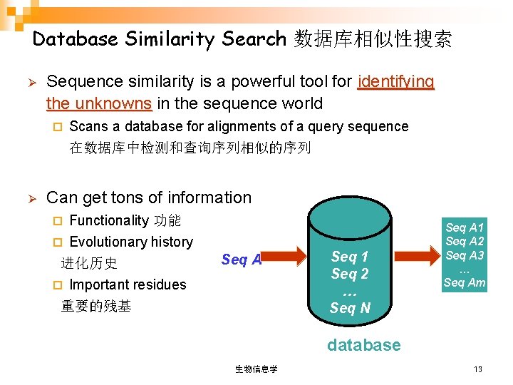 Database Similarity Search 数据库相似性搜索 Ø Sequence similarity is a powerful tool for identifying the