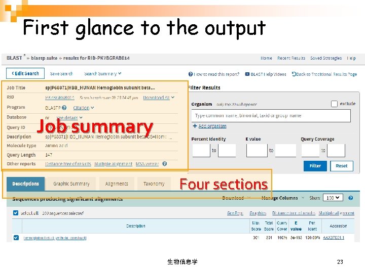 First glance to the output Job summary Four sections 生物信息学 23 