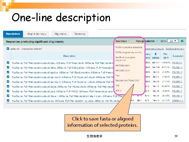 One-line description Click to save fasta or aligned information of selected proteins. 生物信息学 39