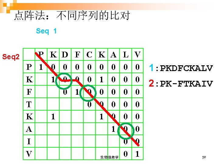 点阵法：不同序列的比对 Seq 1 Seq 2 P K D P 1 0 0 K 1