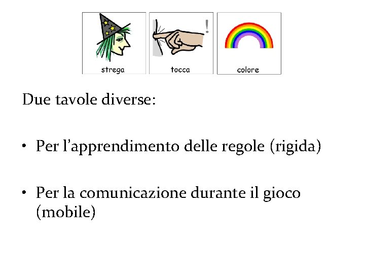 Due tavole diverse: • Per l’apprendimento delle regole (rigida) • Per la comunicazione durante