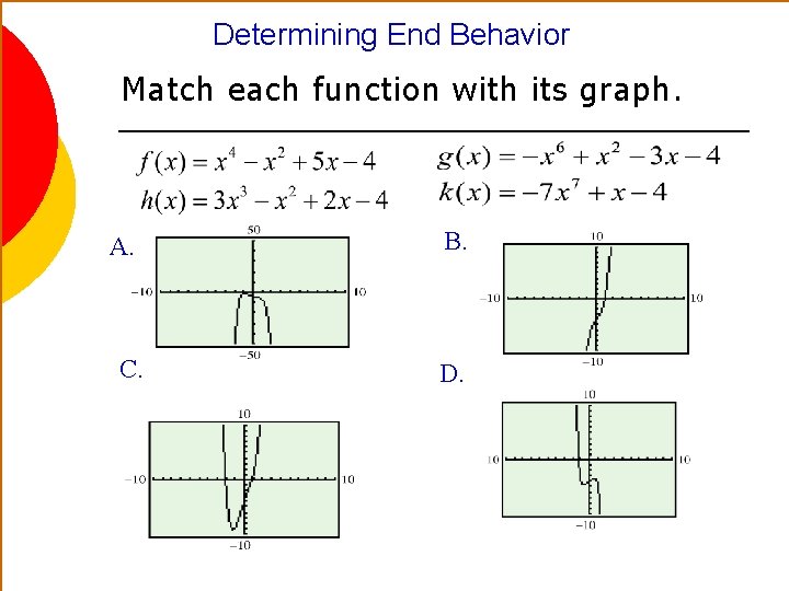 Determining End Behavior Match each function with its graph. A. C. B. D. 