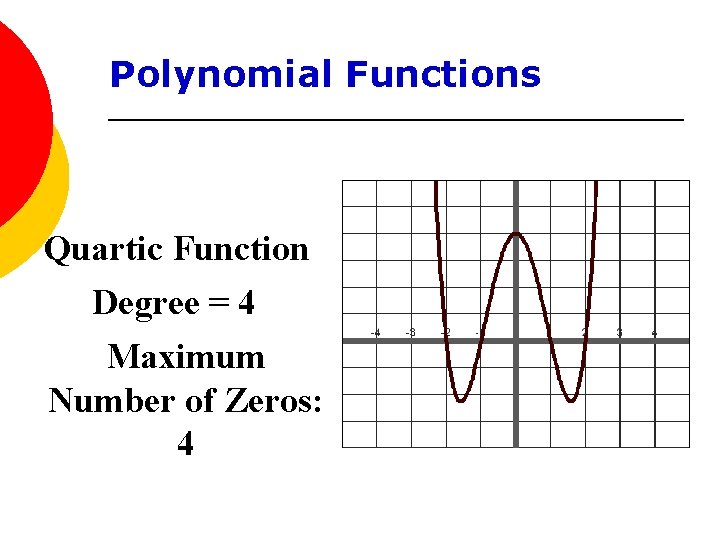 Polynomial Functions Quartic Function Degree = 4 Maximum Number of Zeros: 4 