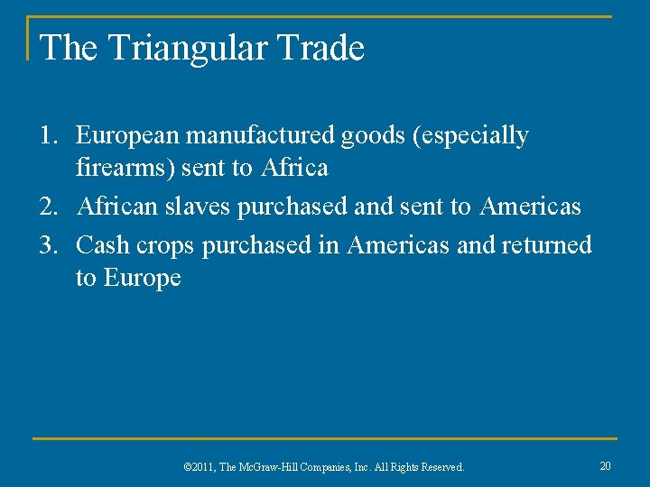 The Triangular Trade 1. European manufactured goods (especially firearms) sent to Africa 2. African