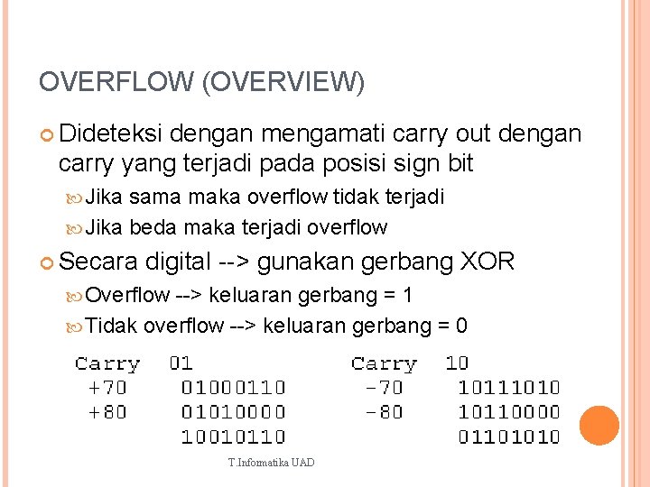 OVERFLOW (OVERVIEW) Dideteksi dengan mengamati carry out dengan carry yang terjadi pada posisi sign