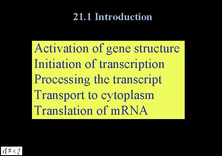 21. 1 Introduction Activation of gene structure Initiation of transcription Processing the transcript Transport