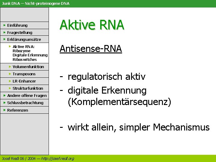 Junk DNA — Nicht-proteinogene DNA Einführung Fragestellung Aktive RNA Erklärungsansätze Aktive RNA: Ribozyme Digitale
