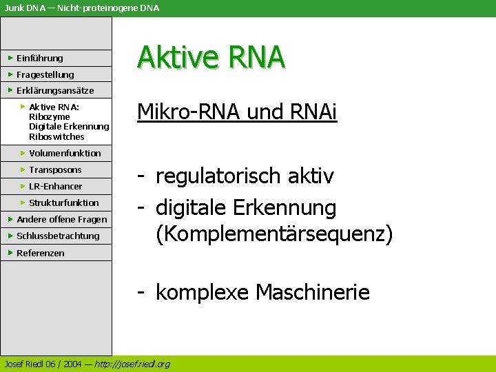 Junk DNA — Nicht-proteinogene DNA Einführung Fragestellung Aktive RNA Erklärungsansätze Aktive RNA: Ribozyme Digitale