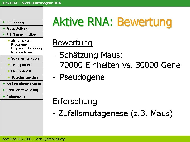 Junk DNA — Nicht-proteinogene DNA Einführung Fragestellung Aktive RNA: Bewertung Erklärungsansätze Aktive RNA: Ribozyme